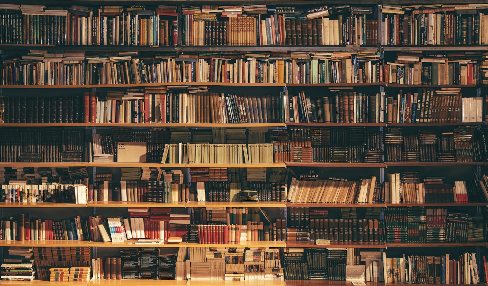 Floor-to-ceiling archival shelving holding decades of bound records